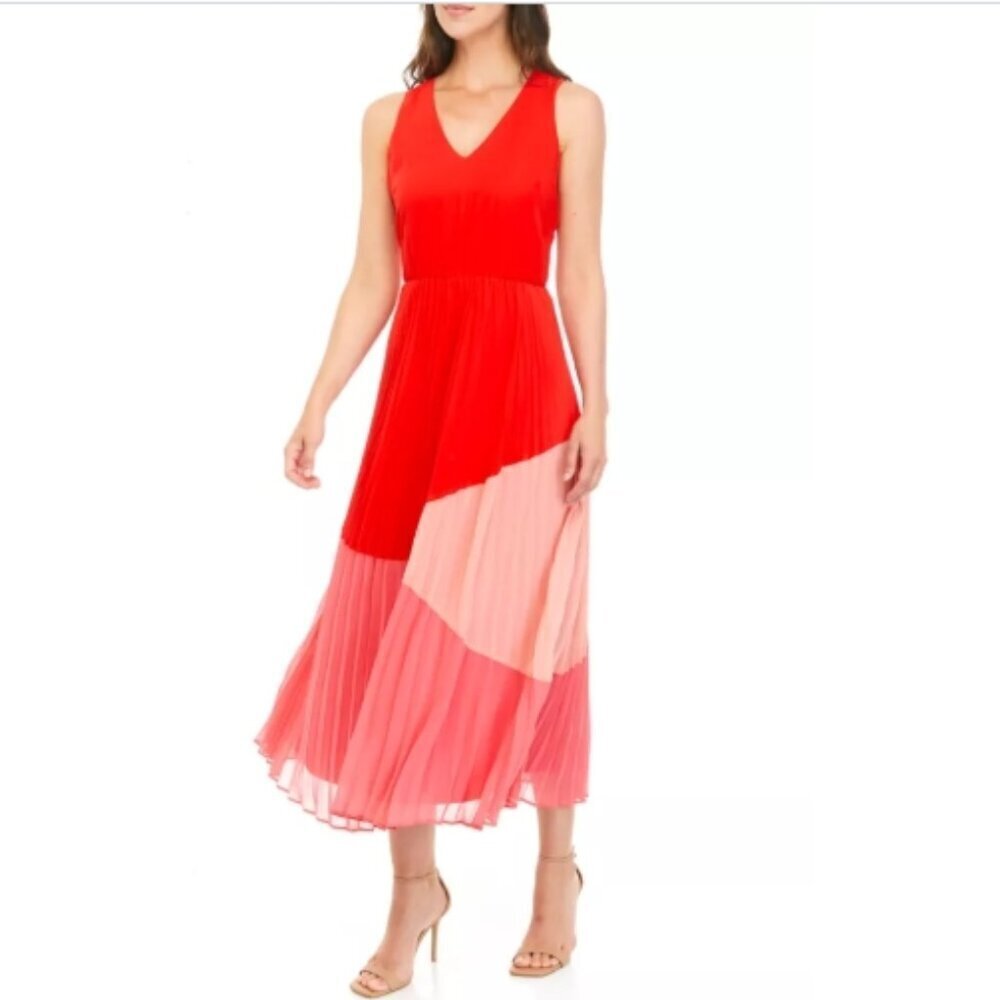 Taylor Sleeveless Pleated Colorblock Pink Red Dress V-Neck M
